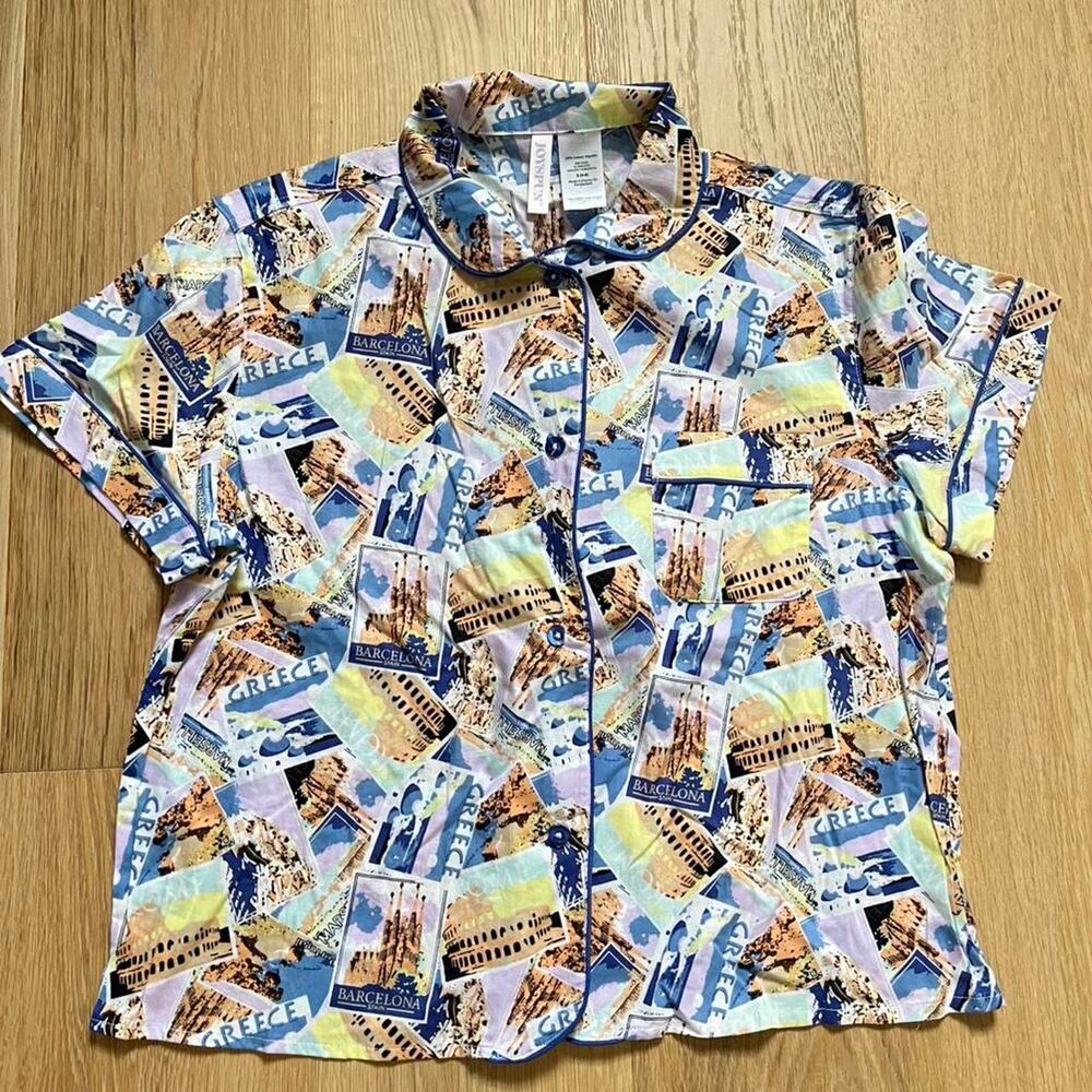 Vintage-style, Joyspun pajama top, European travel postcard Greece Barcelona